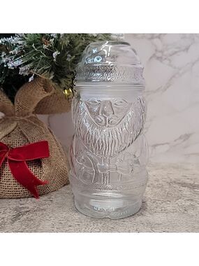 Vintage Libbey Clear Glass Christmas Santa Claus St. Nick Canister Candy Jar EUC